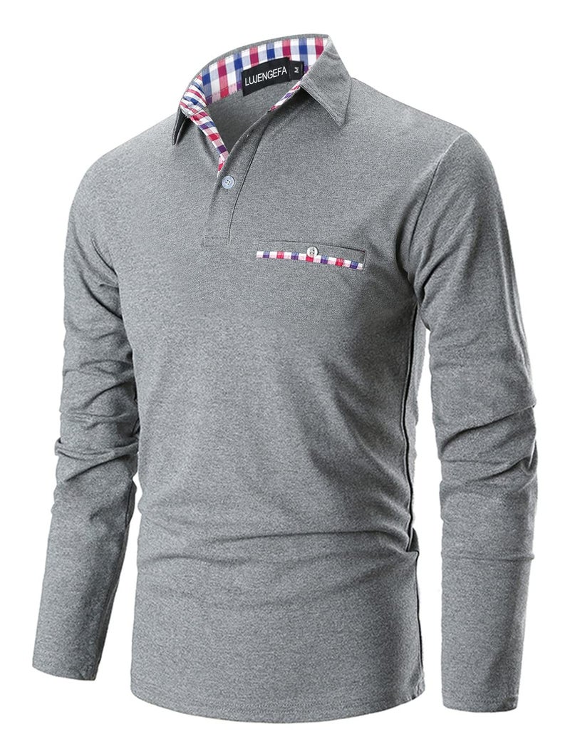 LUJENGEFA Mens Polo Shirts Long Sleeve Casual Plaid Collar Golf Shirt for Men Slim Fit Cotton Polo T Shirts Top A-Grey Small - Image 3