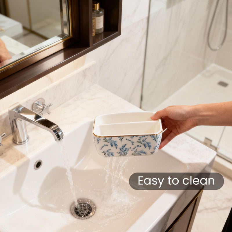 LEAZUL 2 Compartments Ceramic Sponge Holder for Kitchen Sink, Cute Floral Countertop Dish Sponges Holder Soap Sink Organizer Farmhouse Caddy Blue Flowers - Image 5