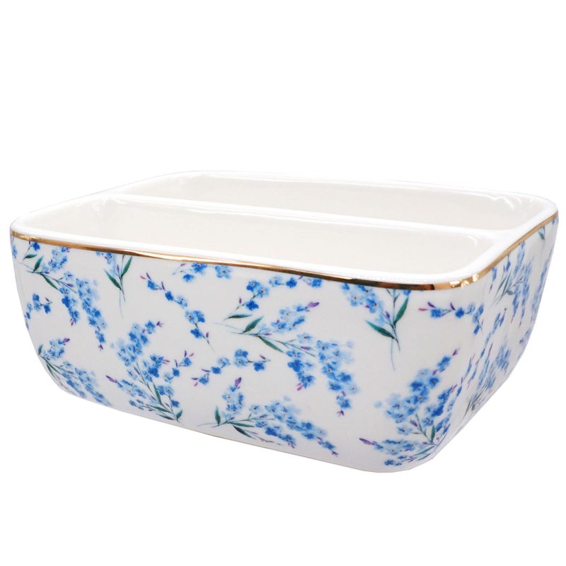 LEAZUL 2 Compartments Ceramic Sponge Holder for Kitchen Sink, Cute Floral Countertop Dish Sponges Holder Soap Sink Organizer Farmhouse Caddy Blue Flowers - Image 1