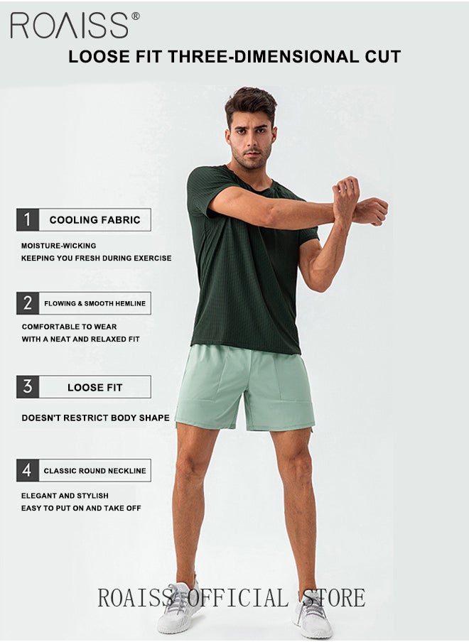 roaiss 2 Pcs Fitness Sportswear Set for Men Quick Dry Lightweight Breathable Sweat-Wicking Comfort Training Running Sports Suit Crew Neck Short Sleeves and Mid Waist Drawstring Shorts  - Image 3