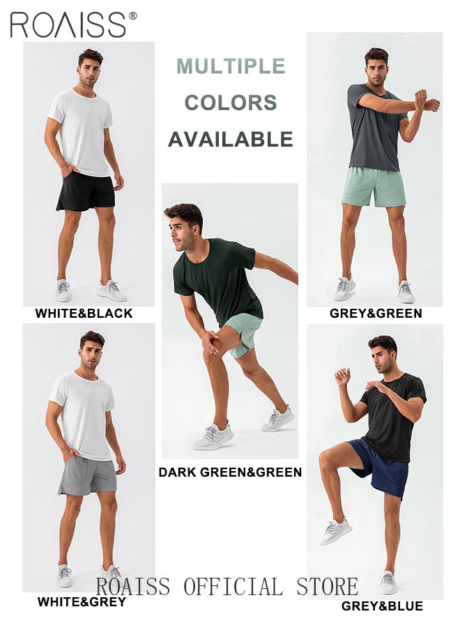 roaiss 2 Pcs Fitness Sportswear Set for Men Quick Dry Lightweight Breathable Sweat-Wicking Comfort Training Running Sports Suit Crew Neck Short Sleeves and Mid Waist Drawstring Shorts  - Image 4