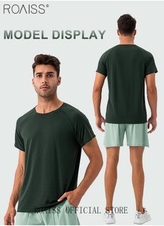roaiss 2 Pcs Fitness Sportswear Set for Men Quick Dry Lightweight Breathable Sweat-Wicking Comfort Training Running Sports Suit Crew Neck Short Sleeves and Mid Waist Drawstring Shorts  - Image 2