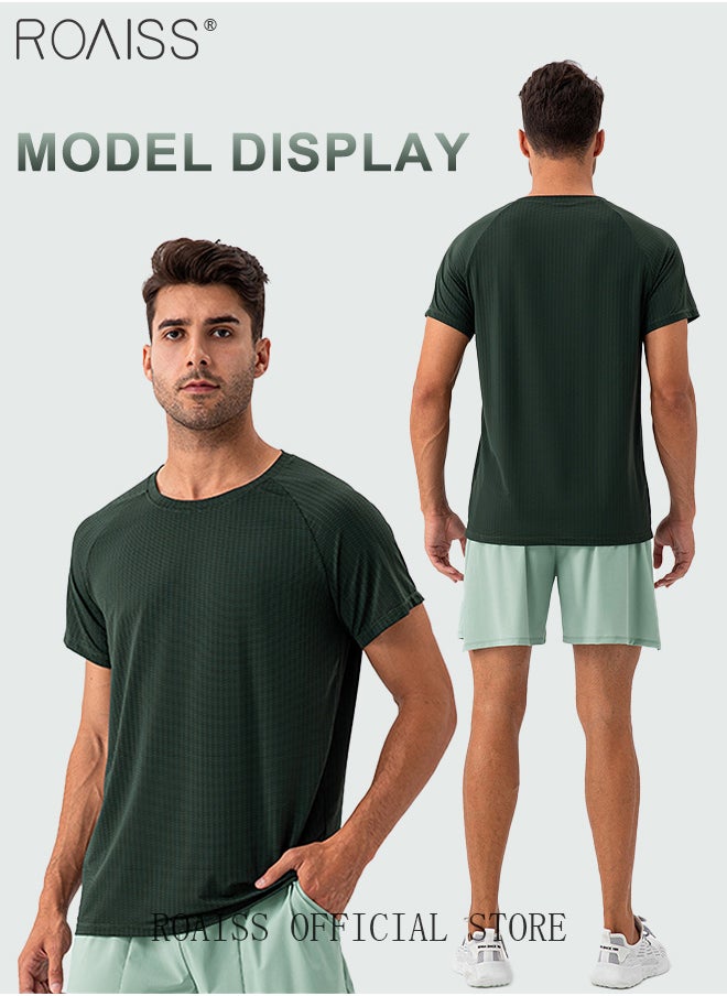 roaiss 2 Pcs Fitness Sportswear Set for Men Quick Dry Lightweight Breathable Sweat-Wicking Comfort Training Running Sports Suit Crew Neck Short Sleeves and Mid Waist Drawstring Shorts  - Image 2