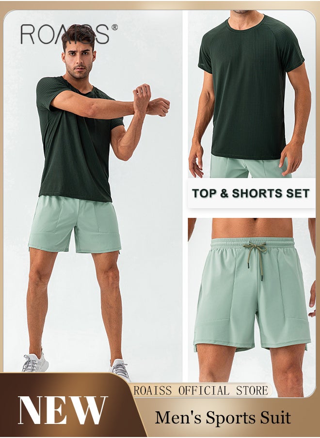 roaiss 2 Pcs Fitness Sportswear Set for Men Quick Dry Lightweight Breathable Sweat-Wicking Comfort Training Running Sports Suit Crew Neck Short Sleeves and Mid Waist Drawstring Shorts  - Image 1