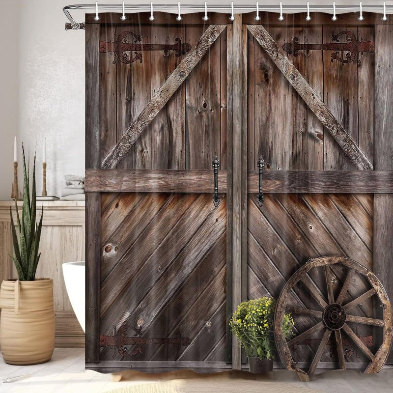 Jipusai Rustic Barn Door Shower Curtains, Western Vintage Farmhouse Wood Board Retro Decor Curtain Sets for Bathroom Decor, Brown Wooden Countryside Bath Curtain with Hooks 70X72 in - Image 1
