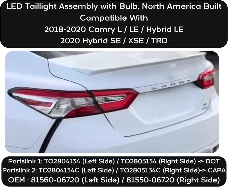 ALLIGATOR AUTO LIGHTS مجموعة ضوء الذيل البديلة لسيارة تويوتا كامري LE/L/هايبرد LE 2018-2020 - الجانب الأيمن/الركاب - Image 2