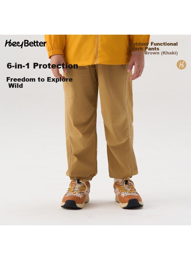 Heybetter Children'S Outdoor Functional Cargo Pants 1 Piece 6 Protection Spring Summer Outdoor Boys And Girls Olive Brown (Khaki) 160 - Image 1
