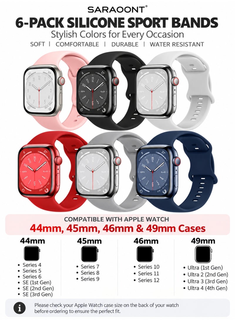 SARAOONT 6-Pack Silicone Sport Bands Compatible with Apple Watch 44mm 45mm 46mm 49mm, Series 12 11 10 9 8 7 6 5 4, SE and Ultra, Soft Waterproof Replacement Straps - Image 1