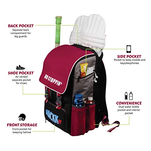 WHACKK Scorer |Cricket Kitbag |Cricket Kit Bag Backpack |Juniour & Youth |Player Bat Pocket Shoe & Helmet Pocket |Separate Pad Pocket Fit 14.75 inch Leg Pad |2 Bottle Holder Accesory Pocket(Red Grey) - Image 3