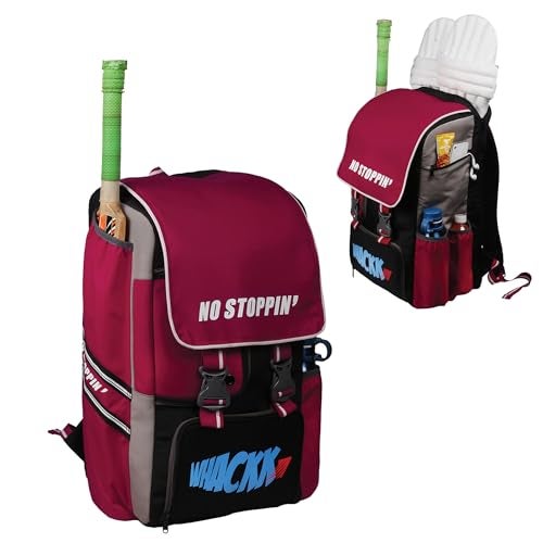 WHACKK Scorer |Cricket Kitbag |Cricket Kit Bag Backpack |Juniour & Youth |Player Bat Pocket Shoe & Helmet Pocket |Separate Pad Pocket Fit 14.75 inch Leg Pad |2 Bottle Holder Accesory Pocket(Red Grey) - Image 1