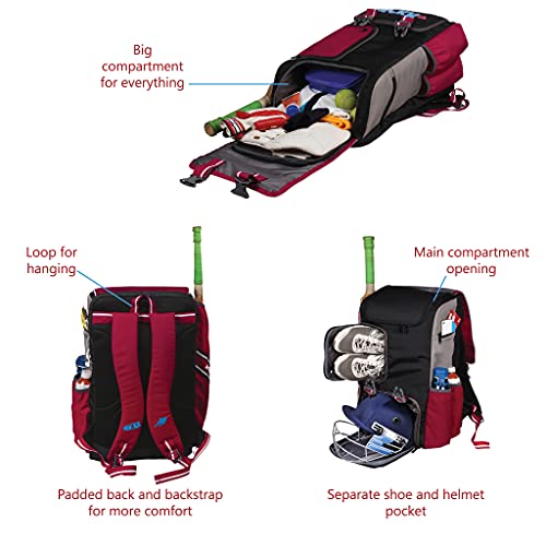 WHACKK Scorer |Cricket Kitbag |Cricket Kit Bag Backpack |Juniour & Youth |Player Bat Pocket Shoe & Helmet Pocket |Separate Pad Pocket Fit 14.75 inch Leg Pad |2 Bottle Holder Accesory Pocket(Red Grey) - Image 4