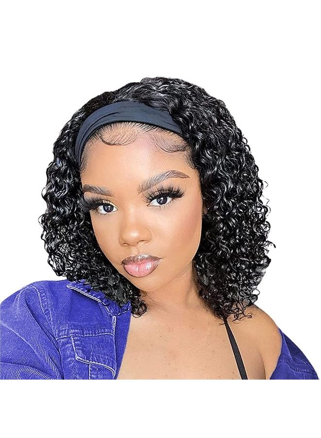 Curly Headband Wig Human Hair 180% Density 12 Inch Headband Wigs Human Hair Wigs for Black Women Human Hair Deep Wave None Lace Front Wigs Human Hair Wear and Go Glueless Wig Natural Color