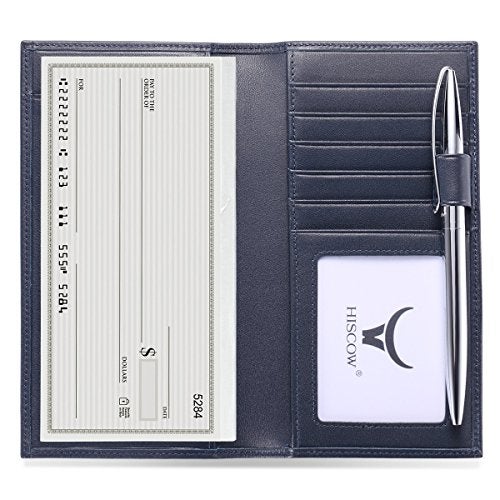 HISCOW Soft Leather Checkbook Cover & Card Holder with Divider - Italian Calfskin (Dark Blue) - Image 1