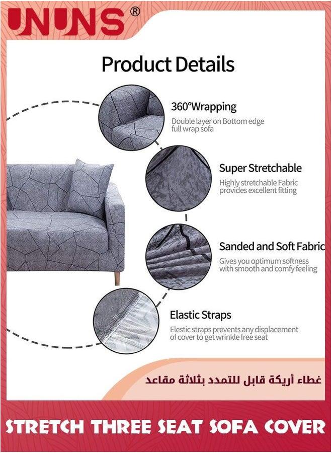 UNUNS Stretch Sofa Cover,1-piece Printed Slipcover Couch Cover Elastic Universal Protector, Three Seats Grey Geometric Style All-inclusive - Image 2