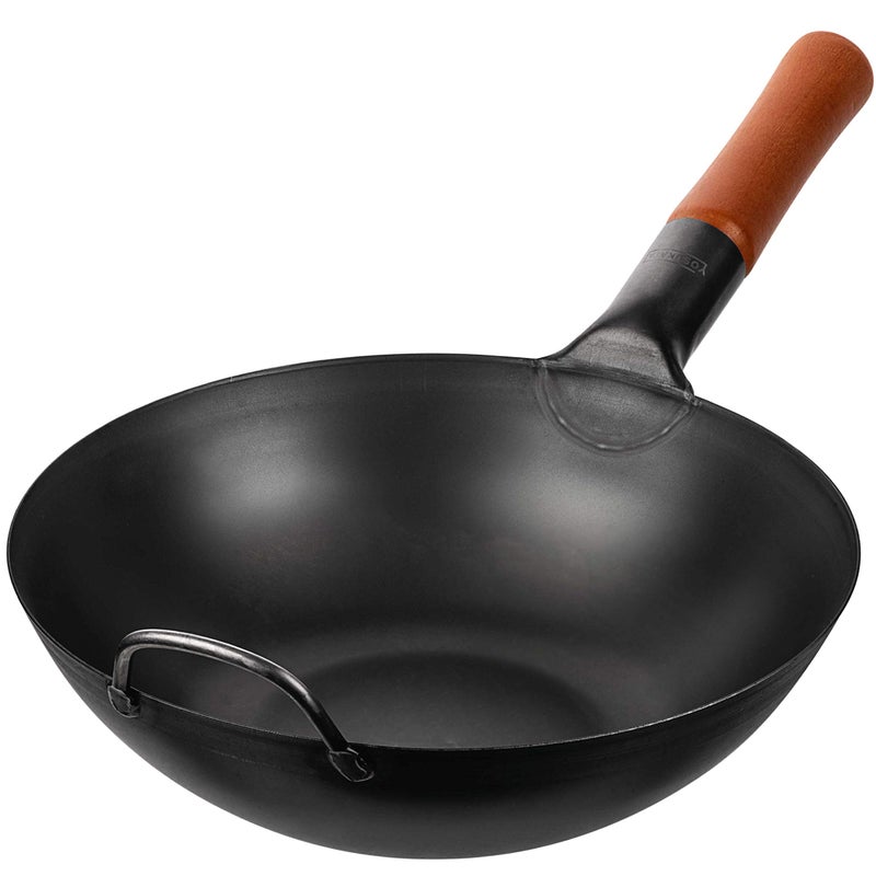 YOSUKATA Carbon Steel 118 Stir Fry Wok Pan  PreSeasoned Chinese Wok with Flat Bottom for Induction Gas Stovetops  Open Fire BBQ Grill Outdoor Camping