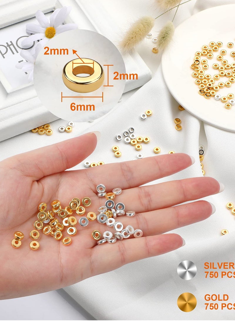 1500 Pieces 6mm Flat Round Spacer Beads, Smooth Bead Making Beads Jewelry Craft Supplies for DIY Bracelets Necklaces Earrings Etc. (gold, Silver)