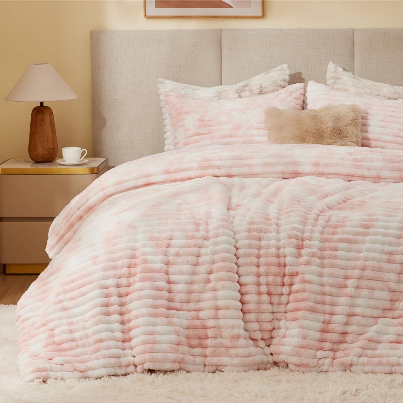 BEDELITE Fleece Queen Comforter Set -Super Soft & Warm Fluffy Pink&White Bedding, Luxury Fuzzy Heavy Bed Set for Winter with 2 Pillow Cases - Image 1