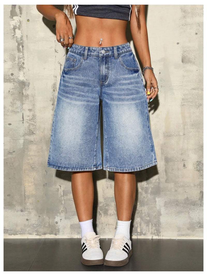 WDIRARA Women's Low Rise Baggy Denim Shorts Wide Leg Bermuda Jean Shorts Medium Wash 30 - Image 2