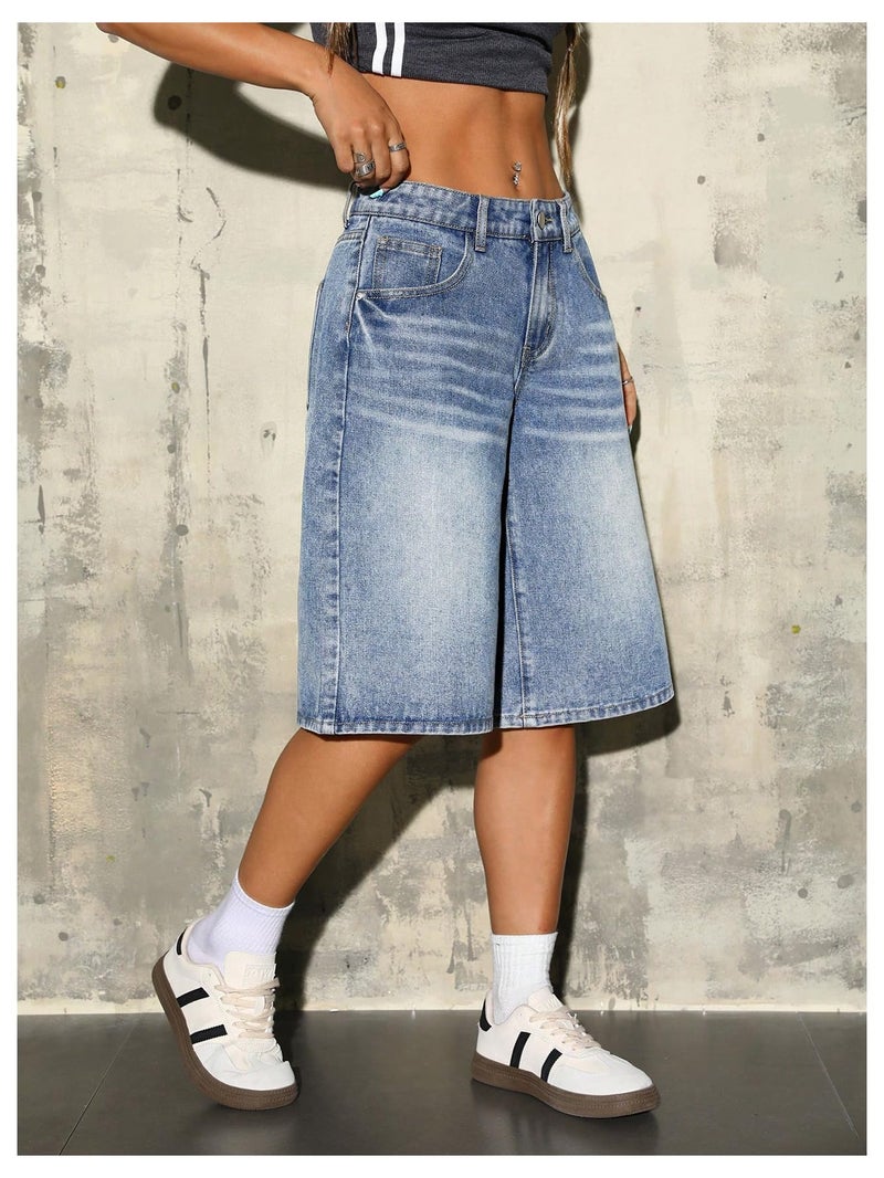 WDIRARA Women's Low Rise Baggy Denim Shorts Wide Leg Bermuda Jean Shorts Medium Wash 30 - Image 4