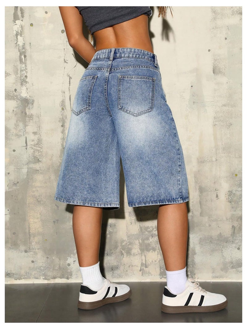 WDIRARA Women's Low Rise Baggy Denim Shorts Wide Leg Bermuda Jean Shorts Medium Wash 30 - Image 3