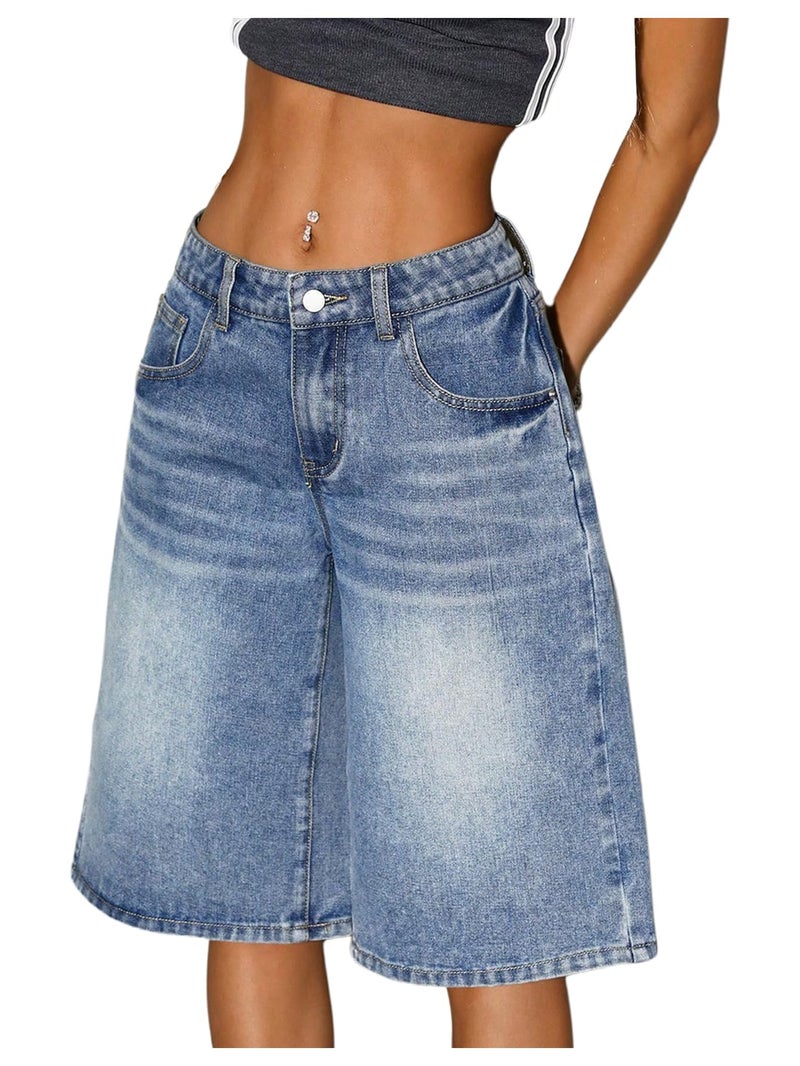 WDIRARA Women's Low Rise Baggy Denim Shorts Wide Leg Bermuda Jean Shorts Medium Wash 30 - Image 1