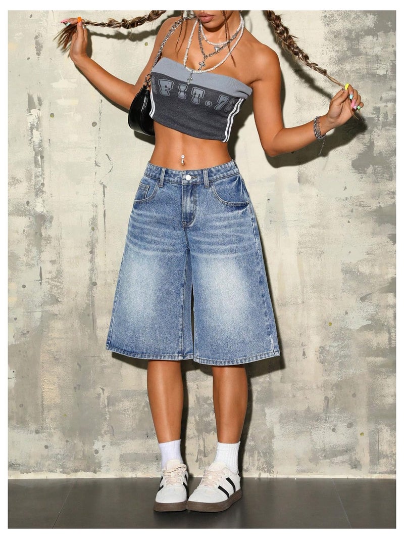 WDIRARA Women's Low Rise Baggy Denim Shorts Wide Leg Bermuda Jean Shorts Medium Wash 30 - Image 5