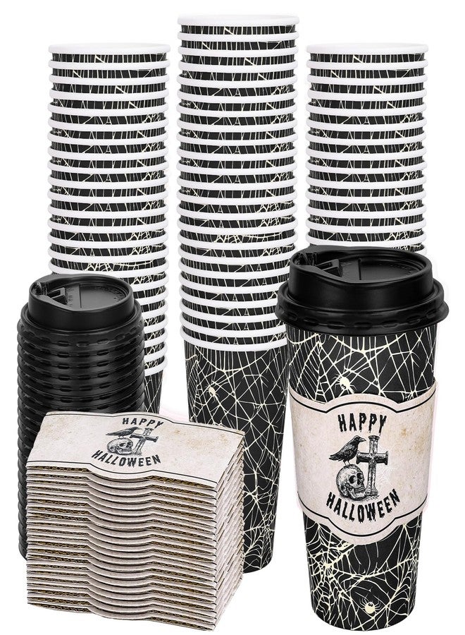 Whaline 50Pcs 16Oz Halloween Disposable Coffee Cup with Lids and Sleeves Vintage Black Spider Web Skull Paper Drinking Cup for Trick or Treat Horror Party Supplies - Image 1