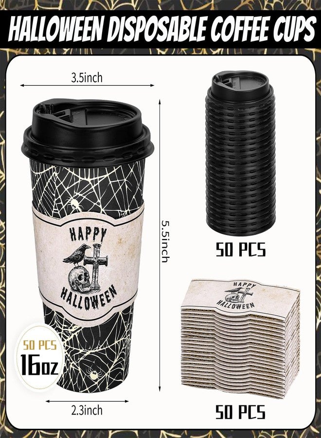 Whaline 50Pcs 16Oz Halloween Disposable Coffee Cup with Lids and Sleeves Vintage Black Spider Web Skull Paper Drinking Cup for Trick or Treat Horror Party Supplies - Image 2