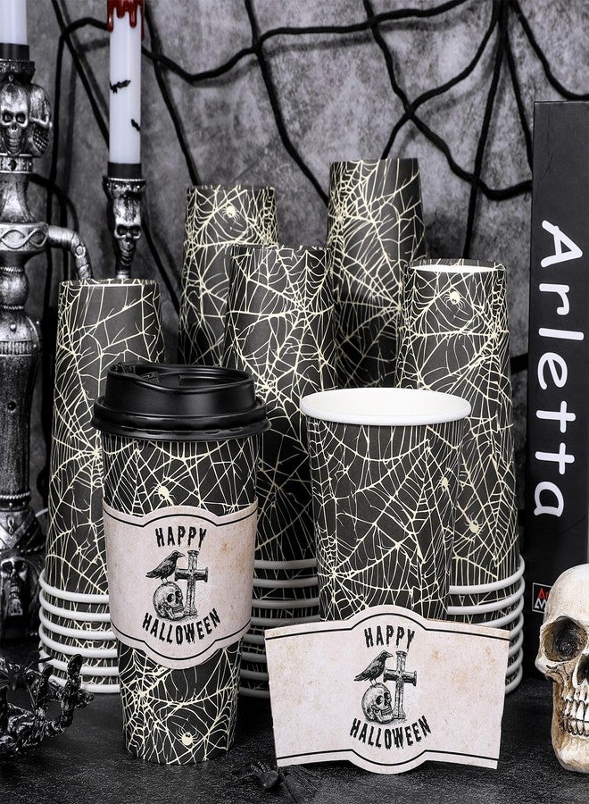 Whaline 50Pcs 16Oz Halloween Disposable Coffee Cup with Lids and Sleeves Vintage Black Spider Web Skull Paper Drinking Cup for Trick or Treat Horror Party Supplies - Image 5