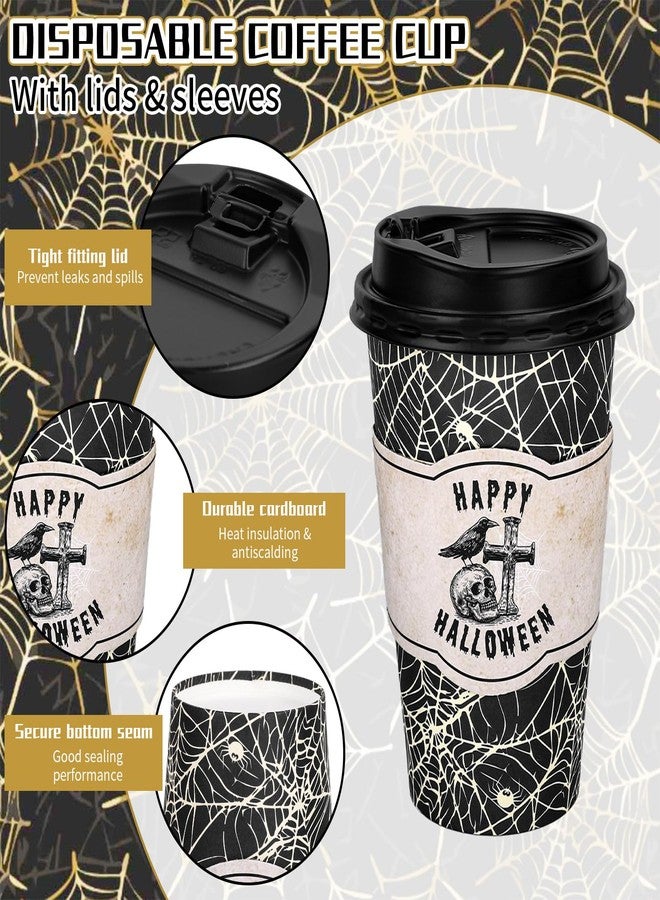 Whaline 50Pcs 16Oz Halloween Disposable Coffee Cup with Lids and Sleeves Vintage Black Spider Web Skull Paper Drinking Cup for Trick or Treat Horror Party Supplies - Image 3