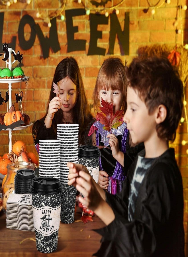 Whaline 50Pcs 16Oz Halloween Disposable Coffee Cup with Lids and Sleeves Vintage Black Spider Web Skull Paper Drinking Cup for Trick or Treat Horror Party Supplies - Image 4