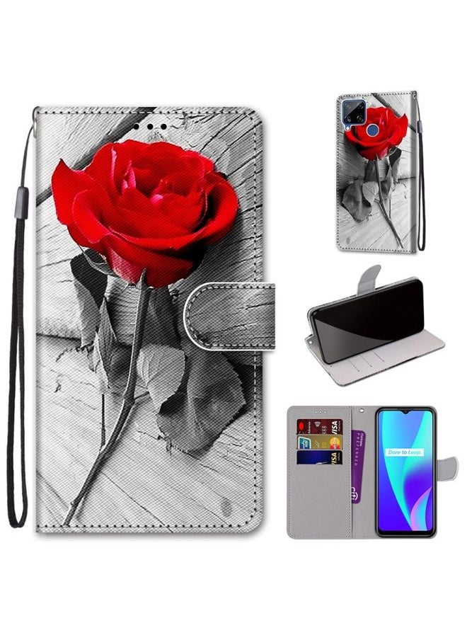 HuHa Case Cover For Realme C15 / C12 / C25 / 7i Global / Narzo 20 / 30A Coloured Drawing Cross Texture Horizontal Flip PU Leather Case with Holder & Card Slots & Wallet & Lanyard Wood Red Rose 