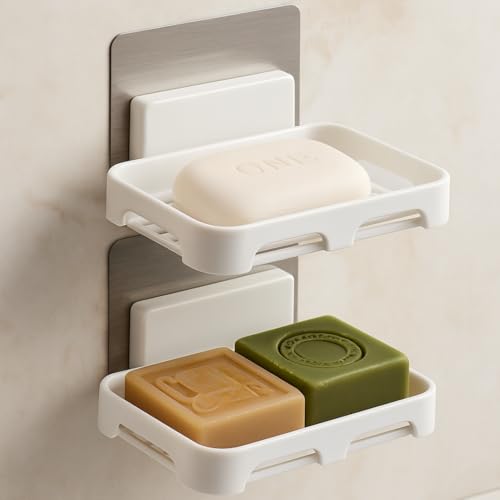 Satpurush Self-Adhesive Soap Holder for Bathroom (Pack of 2) Wall Mounted No-Drill Soap Stand with Water Drainage | Strong Sticker Plastic Soap Dish for Wash Basin & Kitchen (White) - Image 1