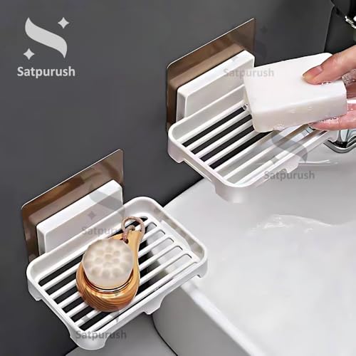 Satpurush Self-Adhesive Soap Holder for Bathroom (Pack of 2) Wall Mounted No-Drill Soap Stand with Water Drainage | Strong Sticker Plastic Soap Dish for Wash Basin & Kitchen (White) - Image 2