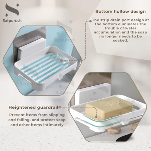 Satpurush Self-Adhesive Soap Holder for Bathroom (Pack of 2) Wall Mounted No-Drill Soap Stand with Water Drainage | Strong Sticker Plastic Soap Dish for Wash Basin & Kitchen (White) - Image 3