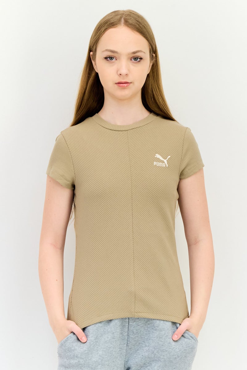 PUMA Women Sportswear Fit Embroidered Logo Outdoor T-Shirt, Taupe - Image 1