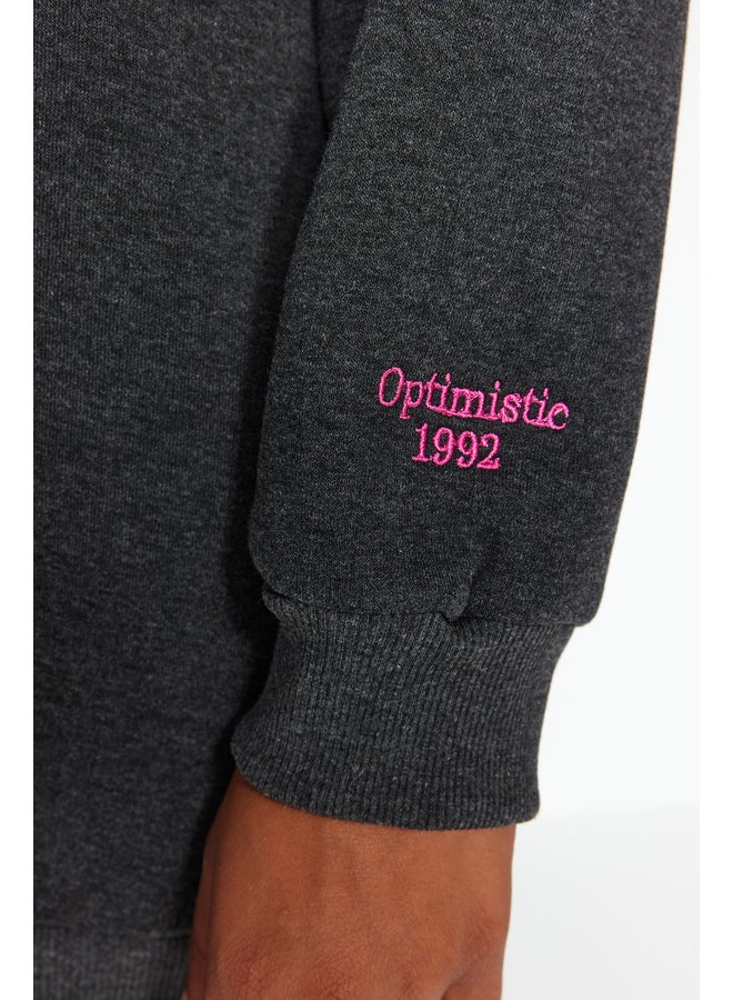 Anthracite Printed Back Wide Fit Knit Sweatshirt with Fleece Inside.