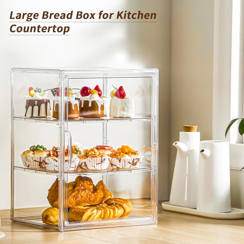 Attelite Pastry Display Case Large Bread Box for Kitchen Countertop 3 Layers Adjustable Clear Bread Storage with Magnetic Door Bread Container for Bread Bagel Donut - Image 3