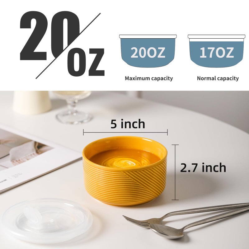 Adewnest Ceramic Bowls with Lids: 20 oz Microwave Safe Food Storage Containers for Soup  Salad  Cereal  Leftovers  Meal Prep  Lunch  Picnic  Camping  Serving - Airtight  Yellow  Set of 4 - Image 2