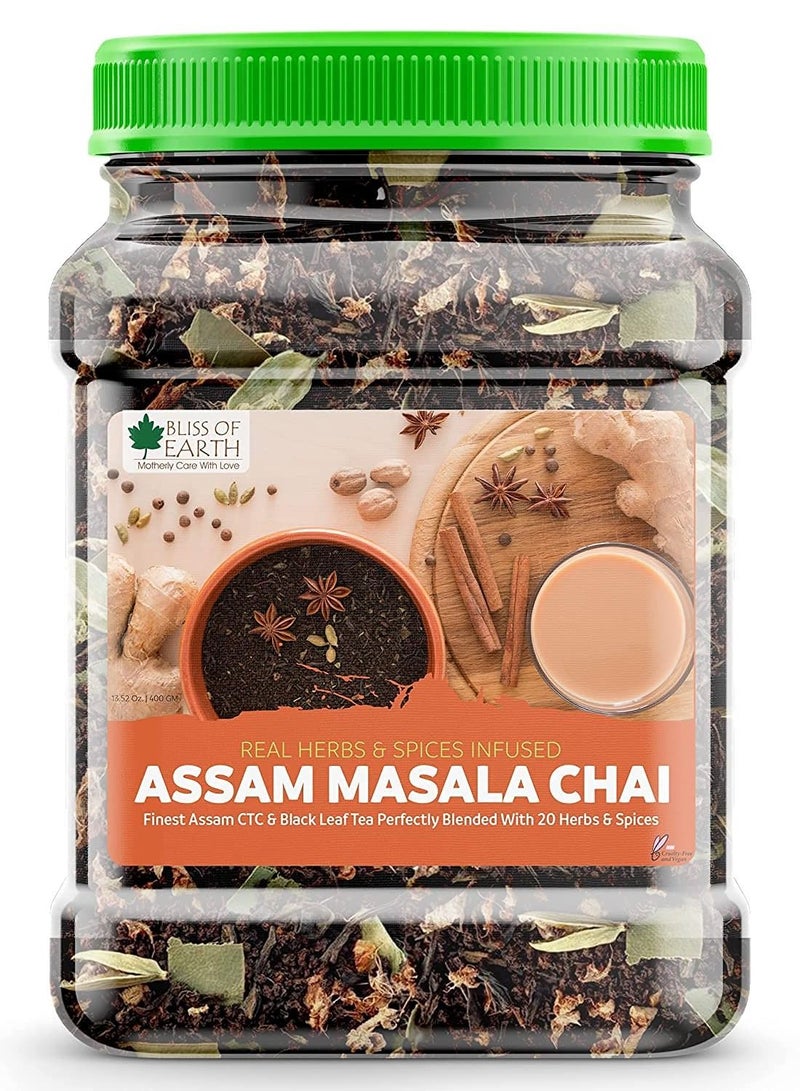 BLISS OF EARTH Finest Assam Masala Chai (tea) 400gm Blended CTC leaf infused with 20 real herbs & spices masala tea - Image 1