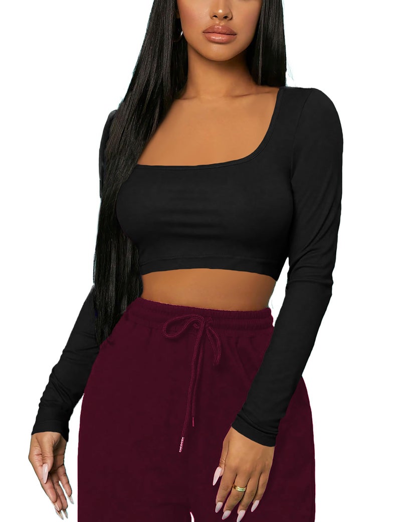 THE BLAZZE Women's Cotton Stylish Western Basic Solid Wear TV Oval Neck with Full/Long Sleeve Crop Top for Women L612 4174 (L, BLK) - Image 1