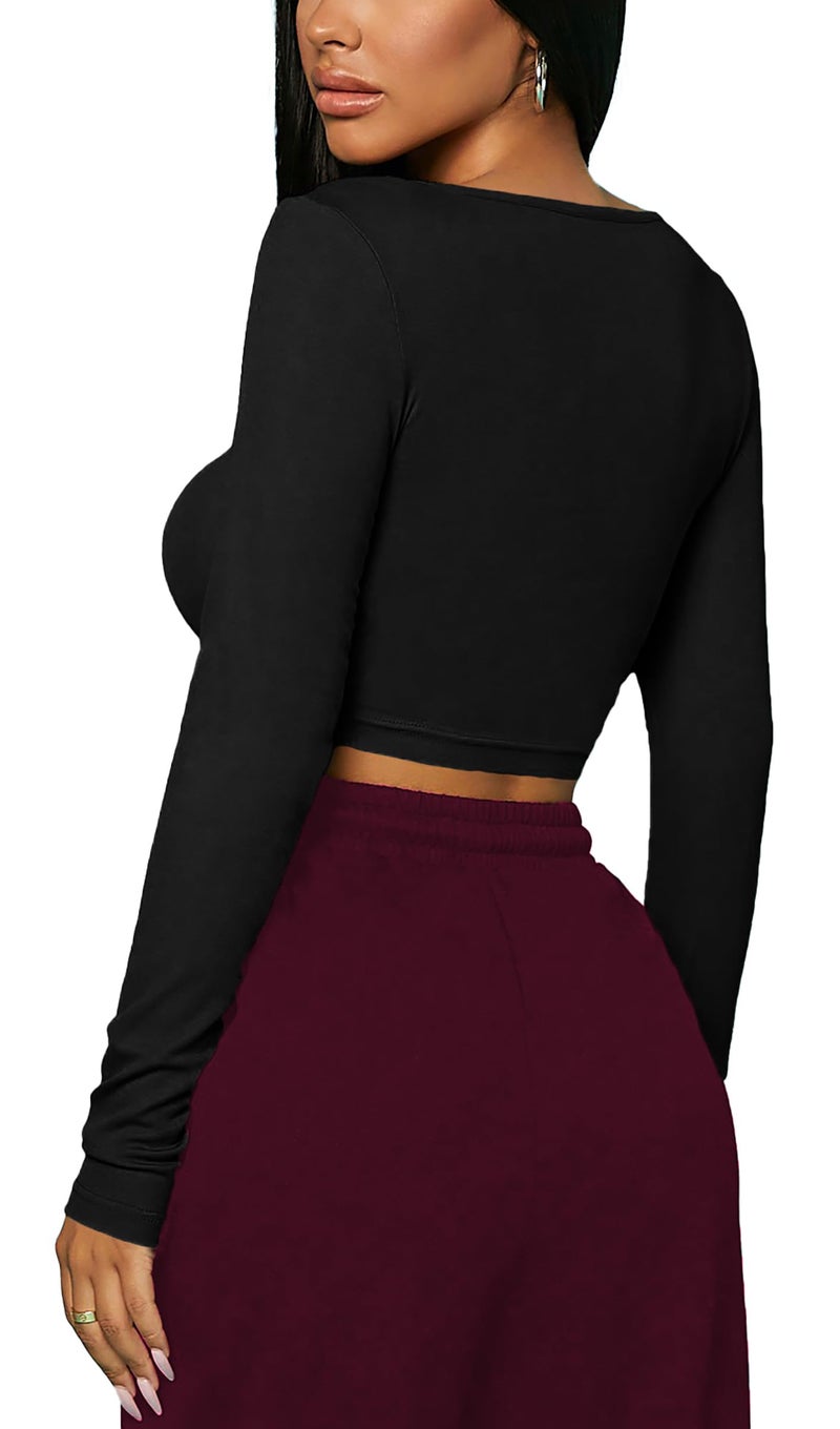 THE BLAZZE Women's Cotton Stylish Western Basic Solid Wear TV Oval Neck with Full/Long Sleeve Crop Top for Women L612 4174 (L, BLK) - Image 2