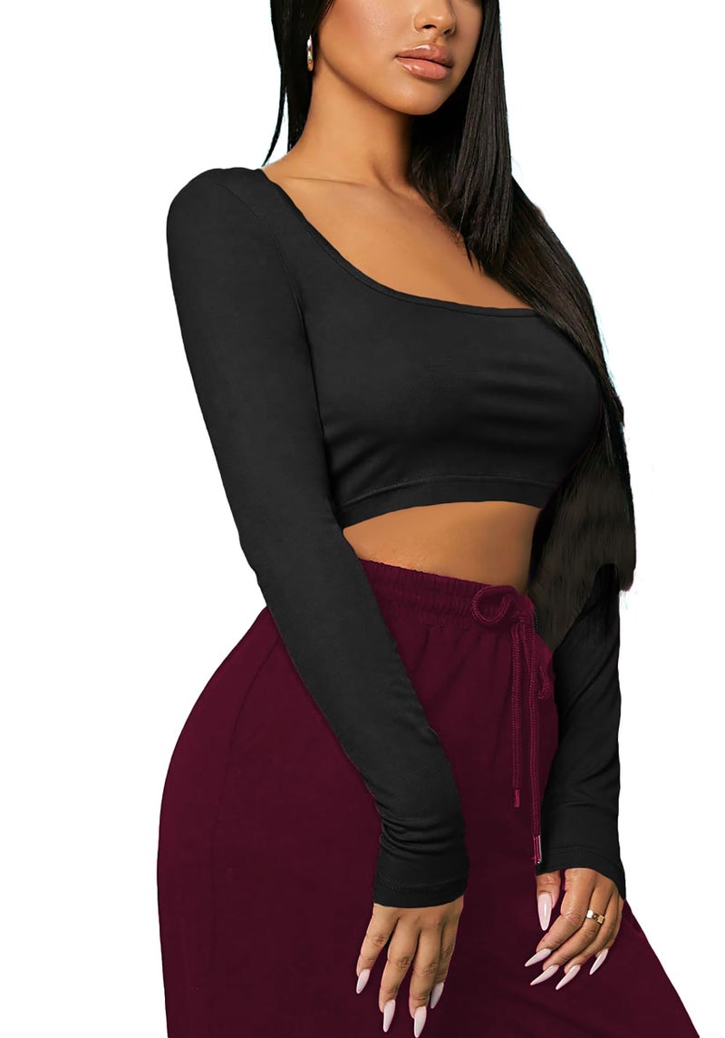 THE BLAZZE Women's Cotton Stylish Western Basic Solid Wear TV Oval Neck with Full/Long Sleeve Crop Top for Women L612 4174 (L, BLK) - Image 3
