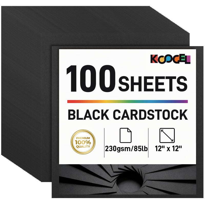 Koogel 100 Sheets Black Cardstock 12 x 12, Heavy Card Stock for Printer, Invitations, Scrapbooking, DIY Crafts and Decoration, Kids Back to School Supplies, 85lb/230gsm - Image 1