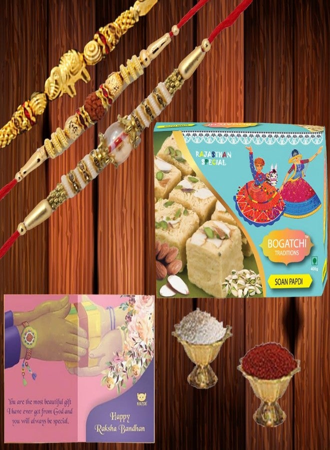 BOGATCHI Rakhi with Sweets for Brother, Traditional Soan Papdi, 400gm with 3 Rakhi + Roli Chawal + Free Rakhi Story Card - Image 5