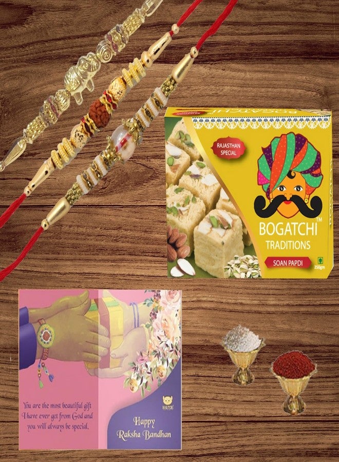 BOGATCHI Rakhi with Sweets for Brother, Traditional Soan Papdi, 400gm with 3 Rakhi + Roli Chawal + Free Rakhi Story Card - Image 1