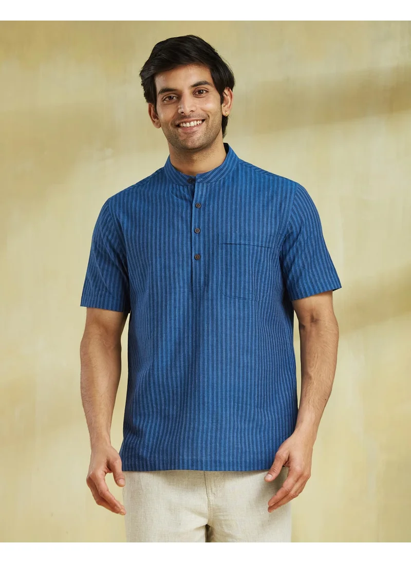 Fabindia Blue Cotton Striped Mid Placket Shirt