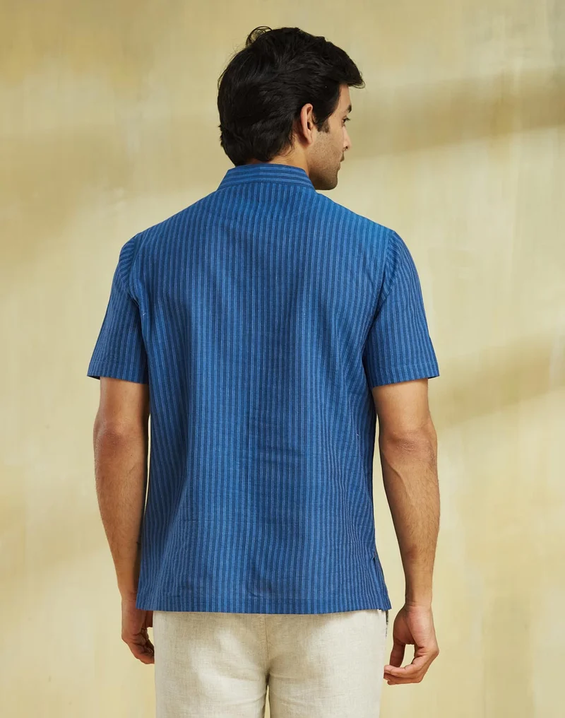 Fabindia Blue Cotton Striped Mid Placket Shirt