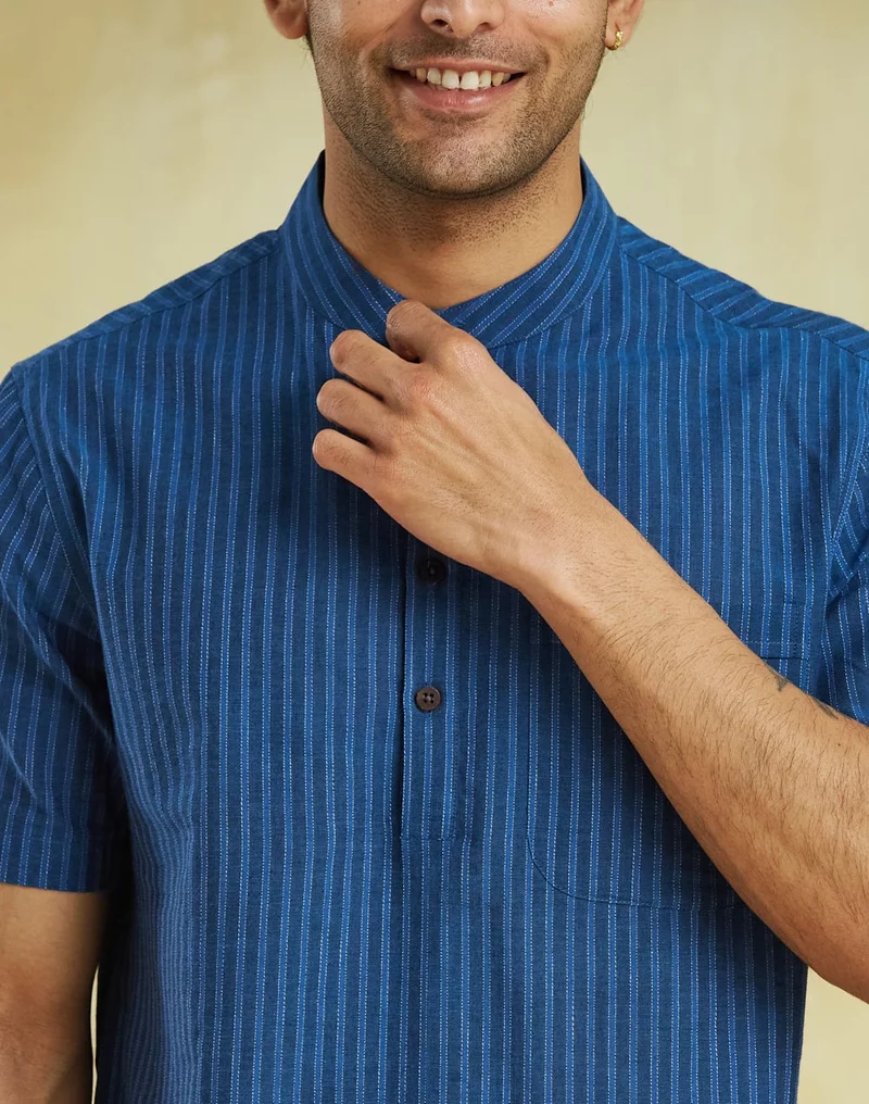 Fabindia Blue Cotton Striped Mid Placket Shirt