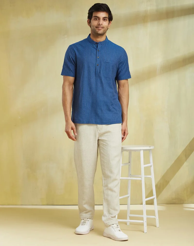 Fabindia Blue Cotton Striped Mid Placket Shirt